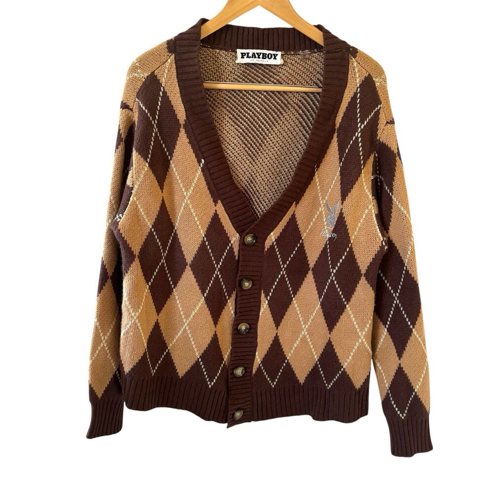 Playboy Pacsun Mens Argyle Knit Cardigan Sweater M Brown Retro